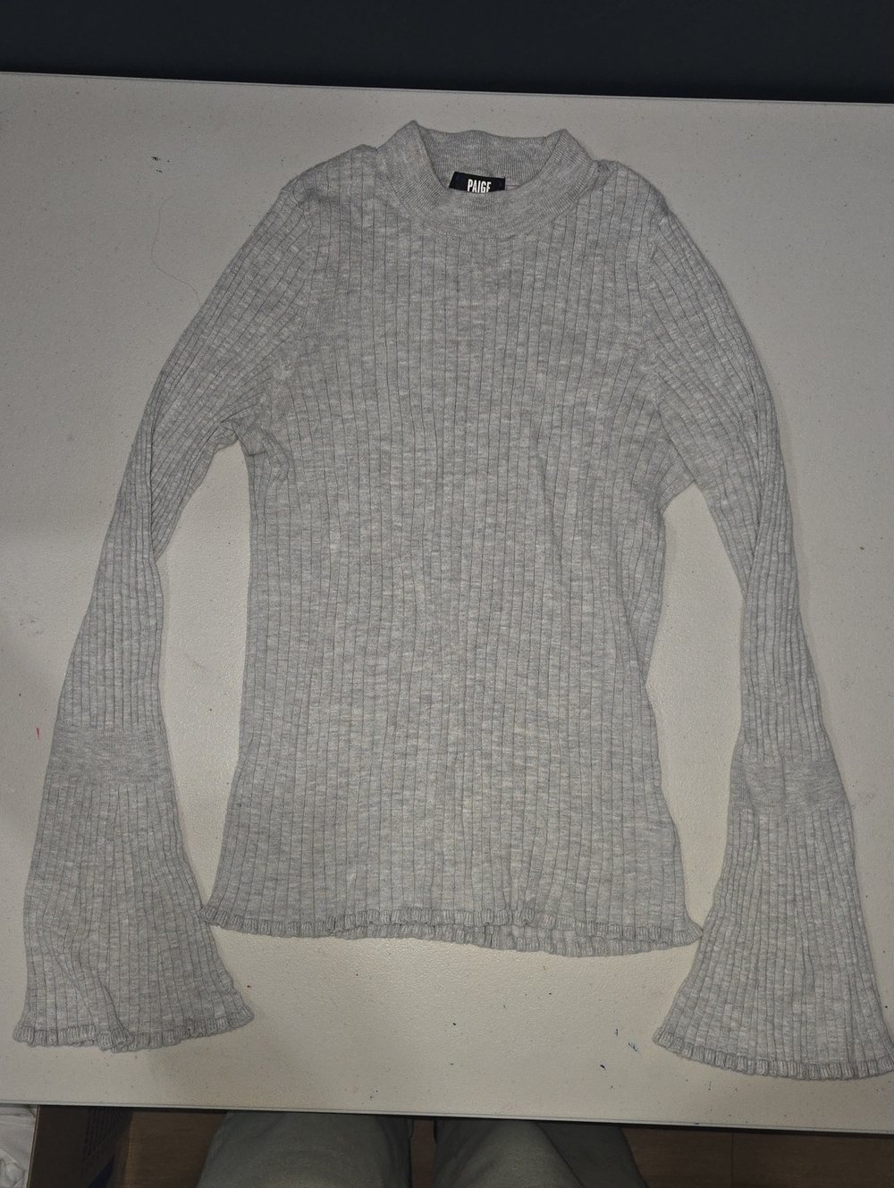 PAIGE Gray Ribbed Bell-Sleeve Mock Neck Top